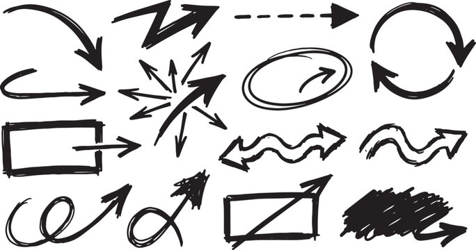 Hand-drawn arrows, symbols, and shapes on white background, lines