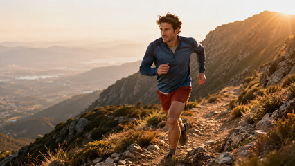 Fototapeta premium Trail runner on mountain path at sunset