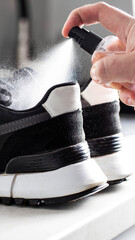 Obraz premium Hand spraying protective liquid on black and white athletic shoe, close-up view of sneaker care process with water repellent spray vertical photo