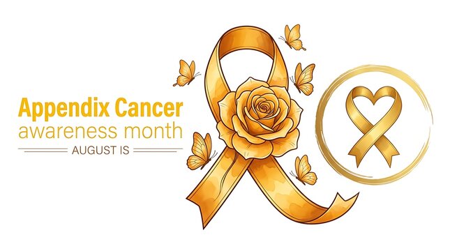 Appendix cancer awareness month graphic with yellow ribbon and butterflies