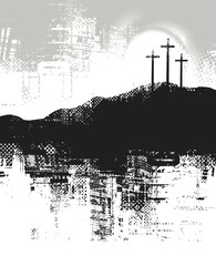 A vector Easter banner or icon with a Christian theme, featuring three crosses on Calvary and a sun. The inscription "Christ died for our sins" against a backdrop of clouds and sky. © paseven