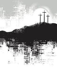 A vector Easter banner or icon with a Christian theme, featuring three crosses on Calvary and a sun. The inscription "Christ died for our sins" against a backdrop of clouds and sky. © paseven