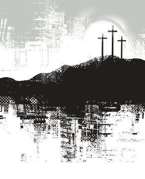 A vector Easter banner or icon with a Christian theme, featuring three crosses on Calvary and a sun. The inscription "Christ died for our sins" against a backdrop of clouds and sky.