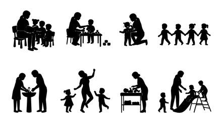 Fototapeta premium Childcare Silhouettes: Teacher and Children Activities, Nursery, Kindergarten, Playtime, Learning, Hygiene, 8 Icons