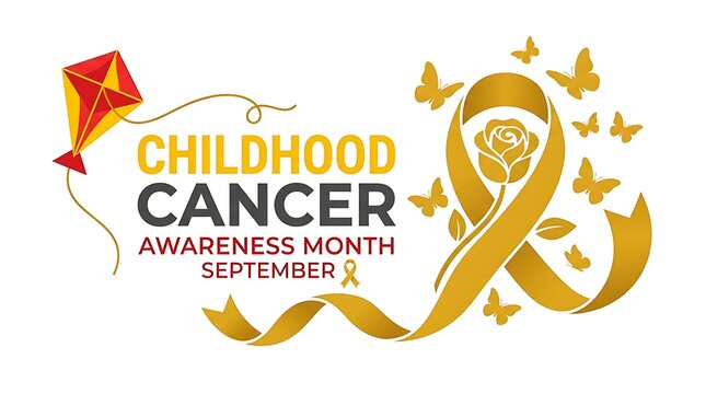 Childhood cancer awareness month gold ribbon with kite and butterflies, campaign