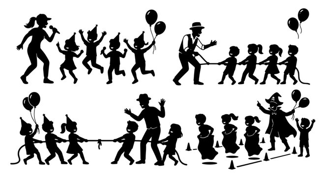 Children's Party Silhouettes: Games, Tug-of-War, and Entertainment Vector Set. Festive celebration, fun activities, and childhood joy.