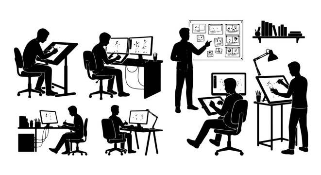 Creative Professionals Working, Digital Art Creation, Graphic Design Workflow, Illustration Studio Setup, Vector Silhouettes