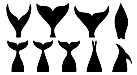 Whale Tail Silhouettes Vector Set, Marine Mammal Fin Icons, Ocean Wildlife Aquatic Tail Shapes, Nautical Design Elements © sifat