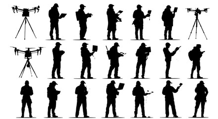 Fototapeta premium Drone Operator Silhouettes, Remote Control, Aerial Photography, Technology, Set of 25 Vector Icons