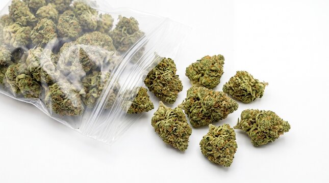 Green cannabis flower buds in a plastic container