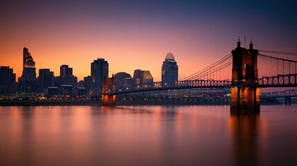 Fototapeta premium Stunning suspension bridge illuminated at twilight with a vibrant sunset over a modern city skyline reflected in calm water
