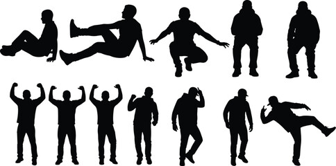 Human silhouette illustration collection, posture and gesture vector artwork, seated standing dynamic design composition, body language graphic set © Fenshi