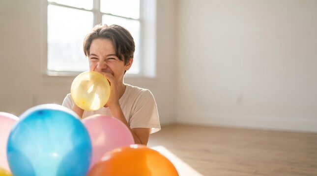 Young person inflating a yellow balloon in a bright room