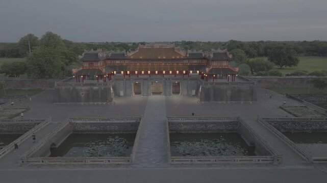 Aerial drone view of Hue Imperial Citadel featuring Ngo Mon Gate, Thai Hoa Palace and Kien Trung Palace, showcasing Vietnam's UNESCO royal heritage, ancient architecture and cultural landmark.