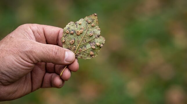 Close-up of a hand holding a textured brown leaf