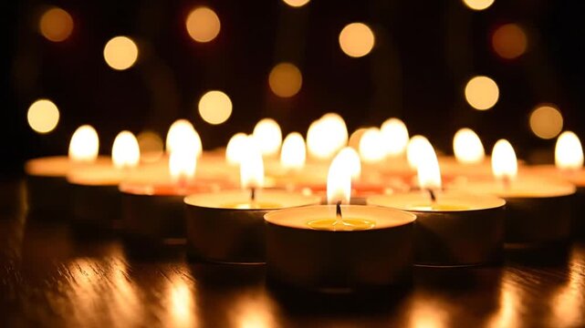 Burning tea light candles on dark background with bokeh lights
