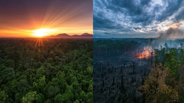 Split screen comparing lush green rainforest at sunset and dry deforested landscape under stormy sky