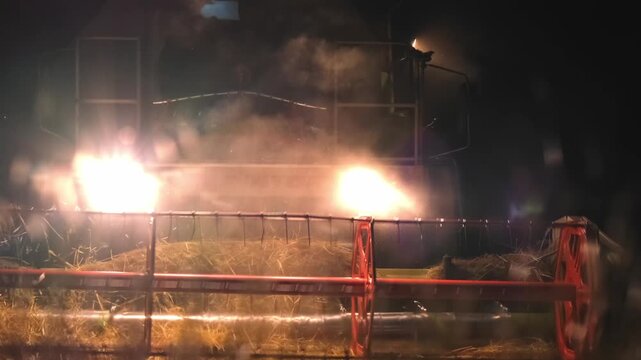 A combine harvester cuts barley at night as a dense cloud of dust rises around it. Bright headlights and a red cutting header give the rural harvest scene dramatic and cinematic appearance after dark.