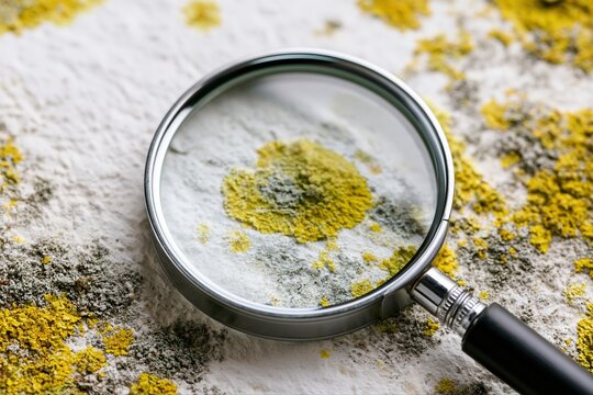 Magnifying glass inspecting mold and mildew growth on white surface, highlighting contamination and decay