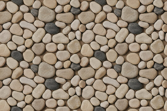 Seamless texture of smooth river stones in shades of beige, tan, and dark grey arranged in a tight pattern for architectural surfacing