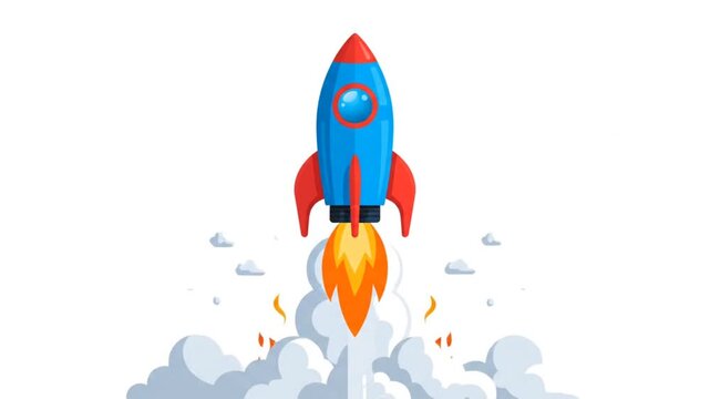 Blue cartoon rocket launching on white background