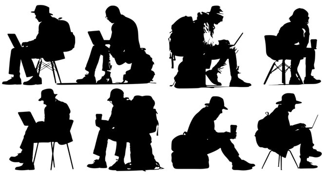 Digital Nomad Silhouettes, Backpackers with Laptops and Coffee, Remote Work Vector Icons