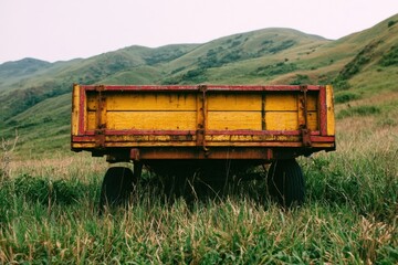 Naklejka premium Back of a weathered yellow and red farm trailer parked in a grassy field with green hills