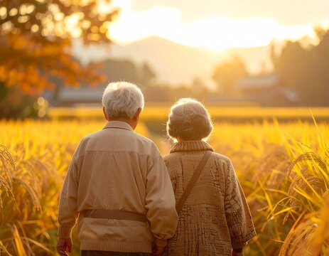Senior Asian couple in a golden rice field at sunset in autumn countryside rear view