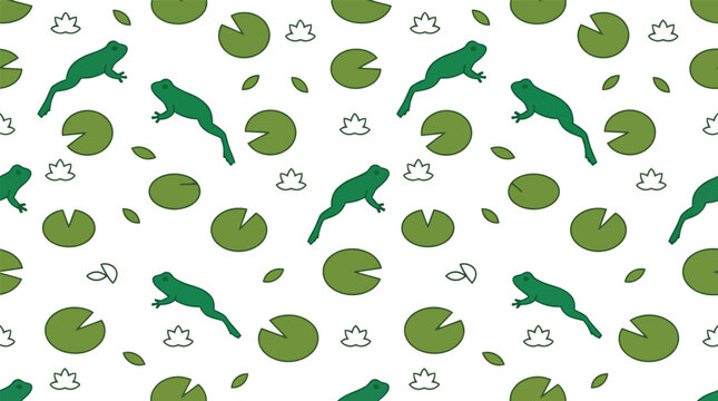 Green frogs and lily pad botanical pattern with botanical seamless wildlife