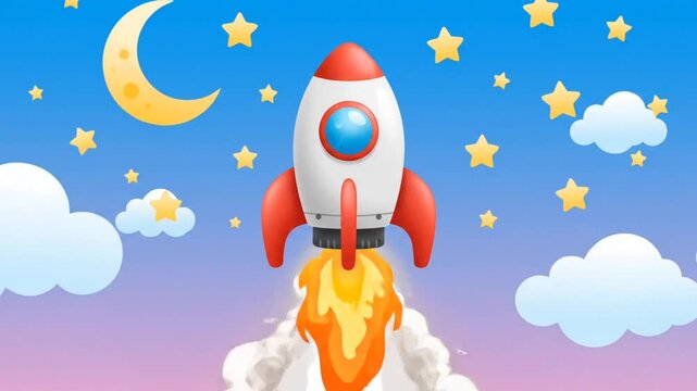Rocket launching from helipad into night sky with moon