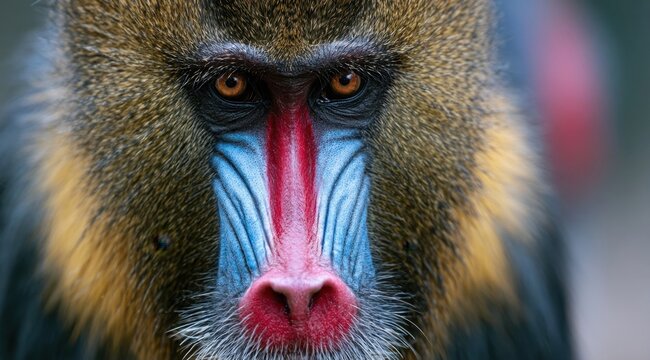 Close-up portrait of a vibrant mandrill with red and blue facial markings