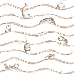 A seamless pattern drawn with a graphite pencil in sepia tones. Fish, fishing floats, and waves are depicted in a childlike style. An illustration or wrapping paper, wallpaper or packaging. © andrey