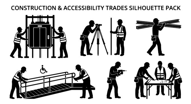 Construction & Accessibility Trades Silhouette Pack: Elevator Installation, Surveying, Material Transport, Ramp Building, Blueprint Review, Worker Teamwork Icons