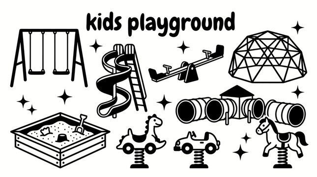 children playground equipment featuring swings slides seesaws climbing frames sandbox spring riders tunnels and outdoor play structures vector set for parks recreation education and childcare