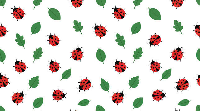 Seamless pattern with cute red ladybugs and green leaves seamless background