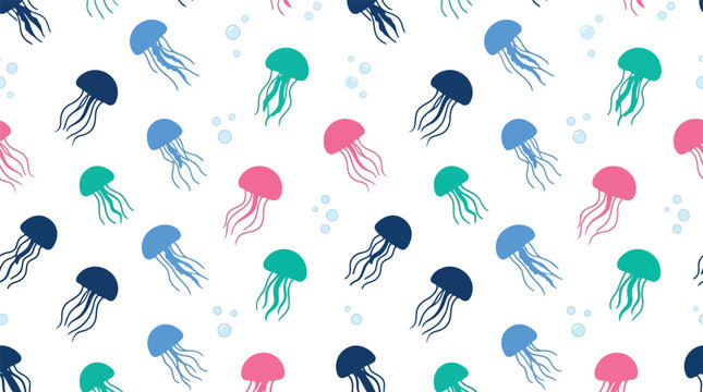 Seamless repeating pattern of cartoon jellyfish in the ocean with jellyfish