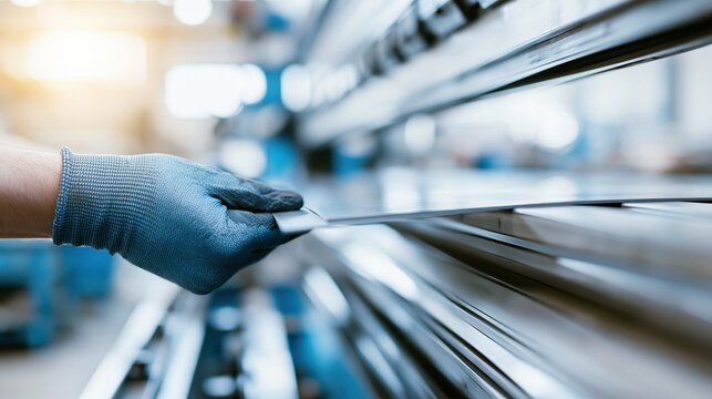 Skilled worker's gloved hand carefully guides metal sheet through industrial bending machine for precision fabrication.