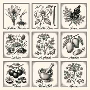 Botanical illustrations of spices and herbs on vintage background  