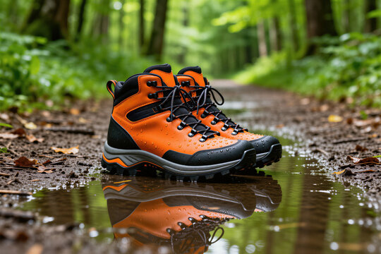 Orange waterproof hiking boots stand on wet forest path with rain puddles. Sturdy trekking footwear with black laces rests on muddy ground after autumn rainfall. Adventure travel gear outdoors in