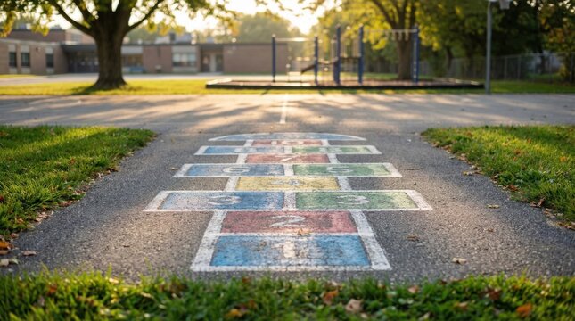 Colorful hopscotch layout on a playground during golden hour