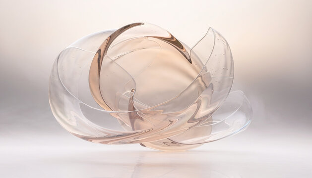 Elegant abstract transparent glass sculpture with soft neutral tones and flowing organic shapes, luxurious macro composition creating a sophisticated background ideal for branding, advertising, presen