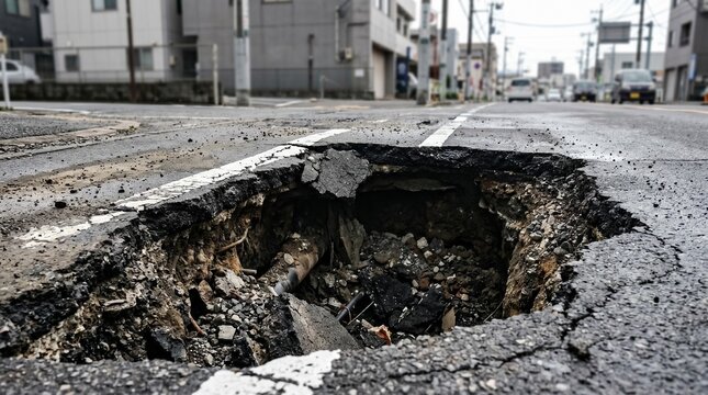 劣化により道路が大きく陥没した、アスファルト舗装のクローズアップポートレート