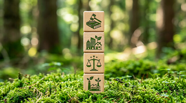 Esg criteria icons on wooden cubes in natural forest setting with sustainability
