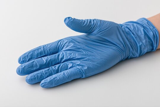Close-up of a single blue disposable nitrile glove on a person's hand, outstretched for examination or protection