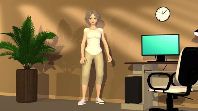 3d animation, one cartoon character speaking face camera near a desktop with a computer on brown background