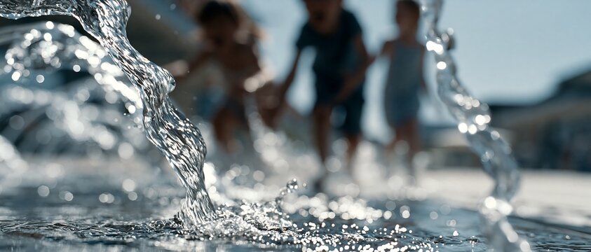 Close up of splash pad water jets with children out of focus, showing urban cooling during extreme summer temperatures, suitable for climate adaptation, public health and travel content