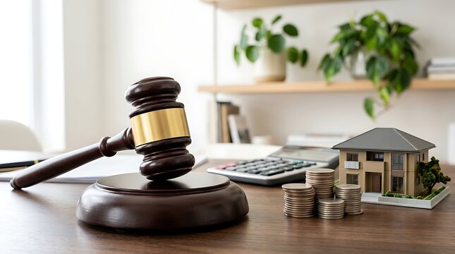 Wooden judges gavel with real estate model and stacks of coins on table