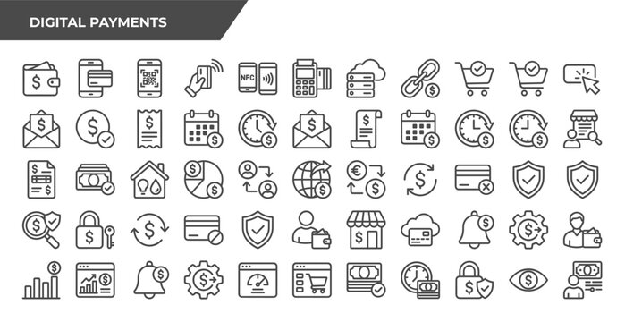 Digital Payments Vector Icon Set Online Banking Finance Outline Line Symbols