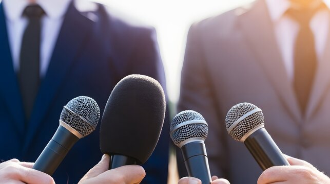 Several microphones are held up to a press conference with businessmen in the background.