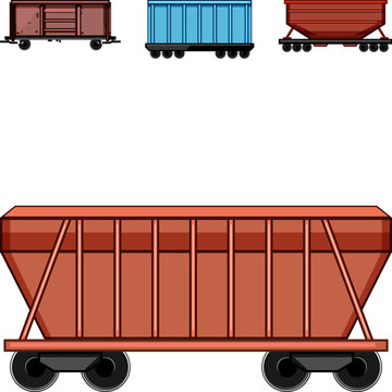 Collection of varied railway freight cars, featuring a large hopper wagon among boxcars and flatbeds, showcasing industrial rail transport for bulk goods and cargo distribution